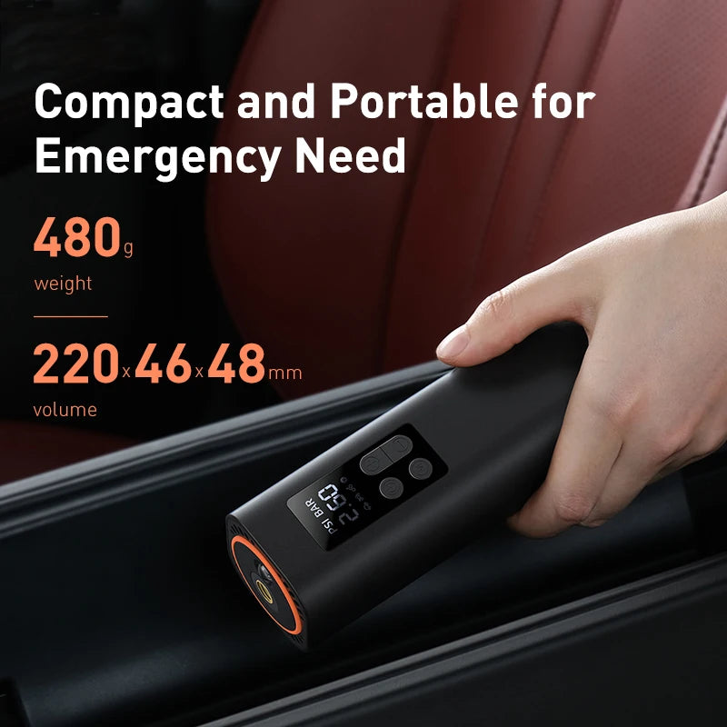 Baseus Mini Car Air Compressor – 12V Portable Tire Inflator | 150 PSI Smart Digital Pump for Car, Bicycle, Boat & Sports